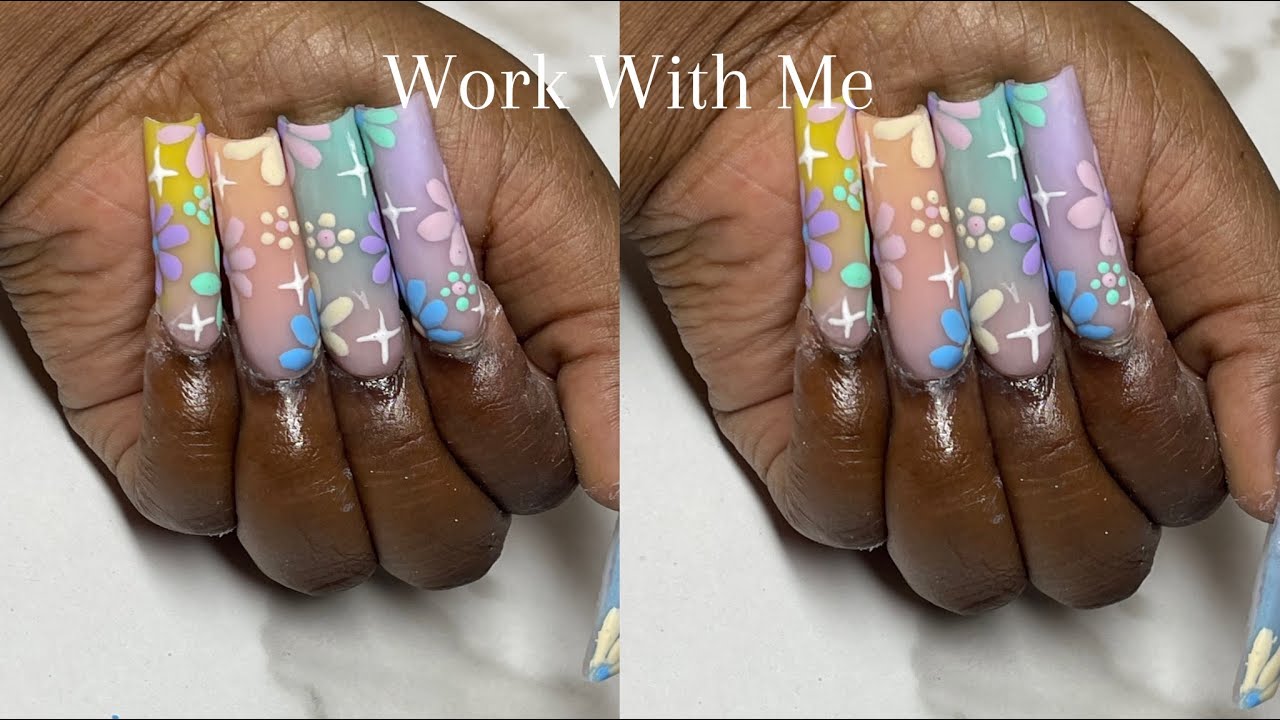 Pastel Ombré Spring Nails🌈| real-time acrylic application ￼+ flower nail art!✨