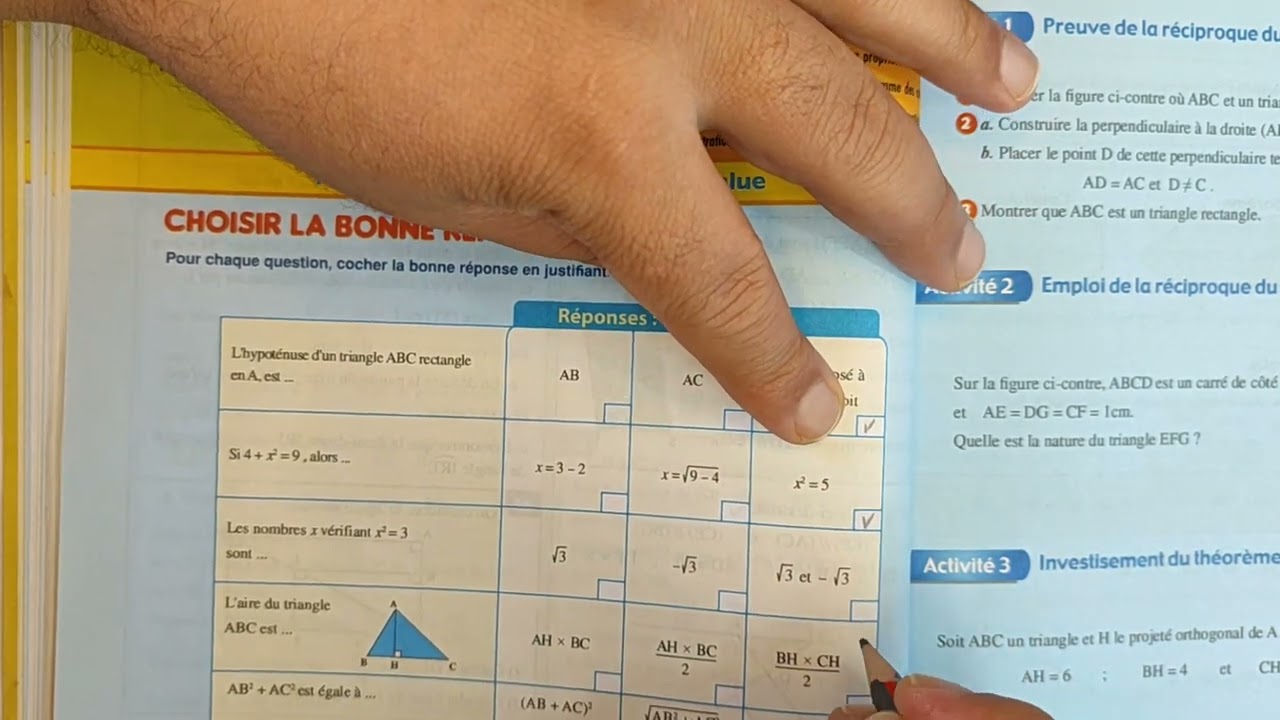 test diagnostique maths 3ac Théorème de Pythagore Al moufid en mathématiques la page 58  59 activité