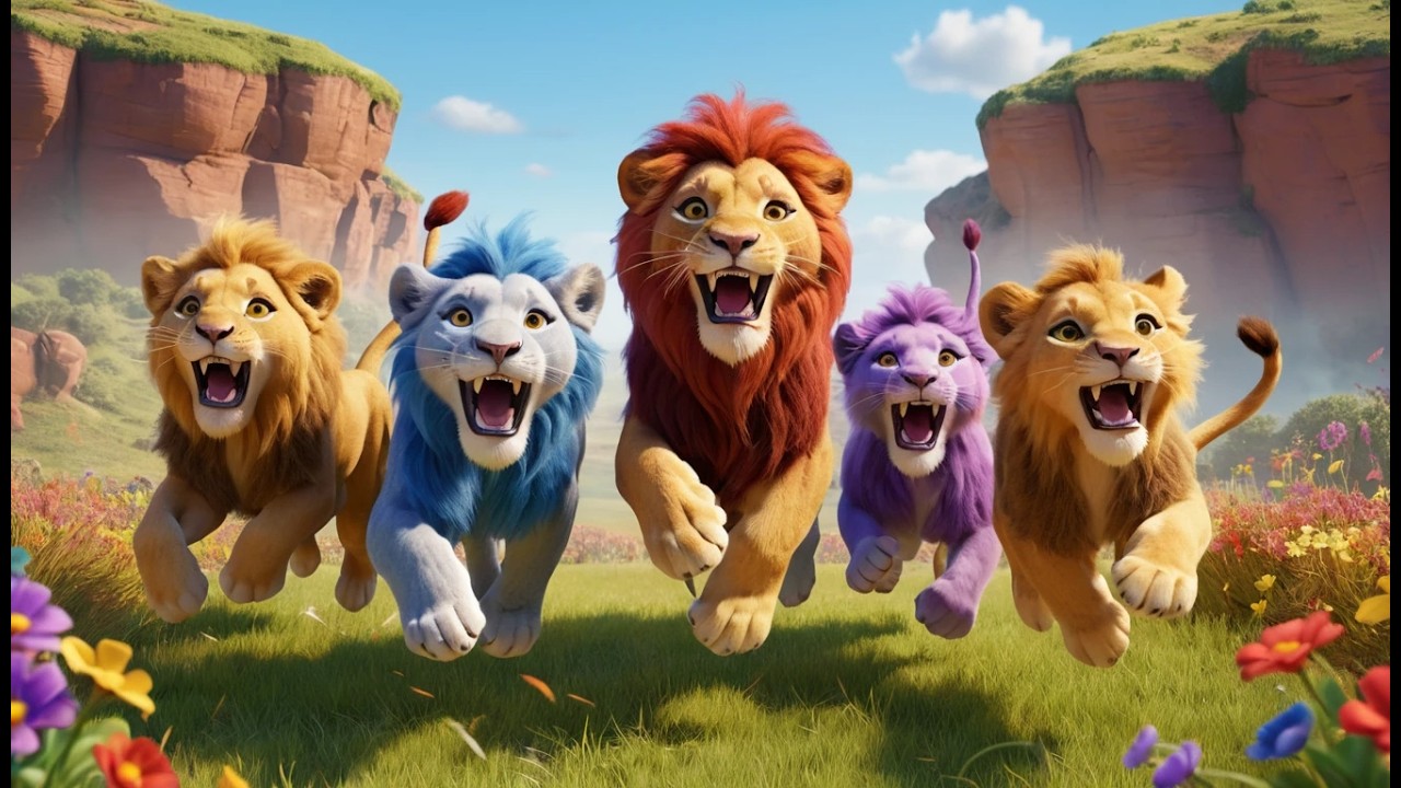 Five Little Lions Roar Roar Roar | Wild Animal Sounds & Counting Song for Kids