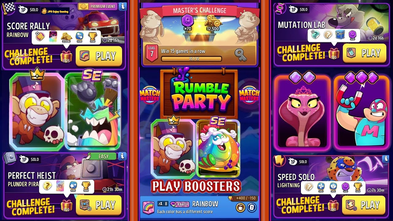 MASTER'S CHALLENGE 12,500 Coins/(PARTY+4 SOLO) Mutation Lab/Rainbow/Plunder Pirates/Lightning Strike