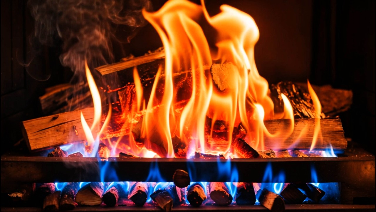 🔥 Warm Up Your Space Tonight – Relaxing Orange & Blue Fireplace Flame Fire with Crackling Logs