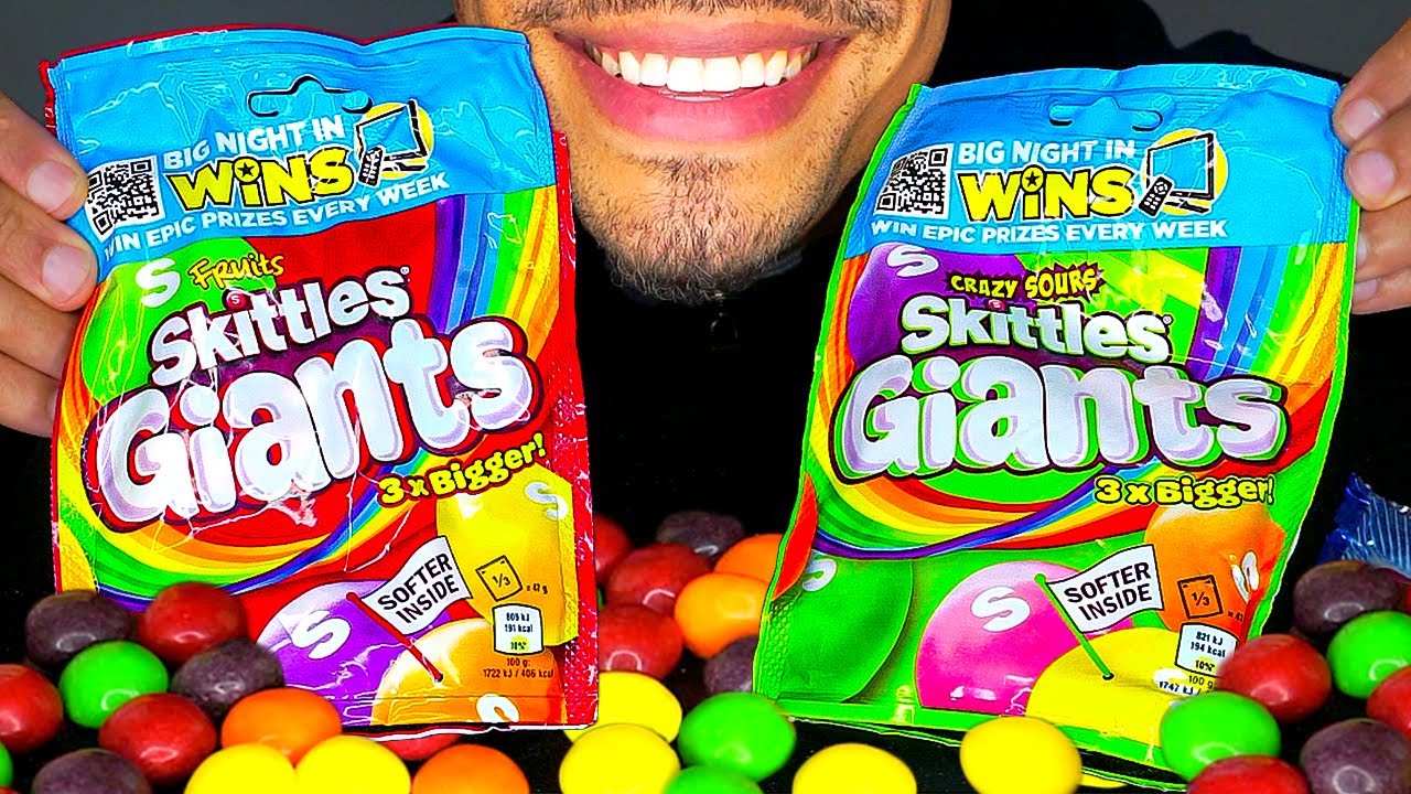 SKITTLES GIANTS ORIGINAL CRAZY SOURS COMMERCIAL CANDY EATING MUKBANG UK USA ASMR