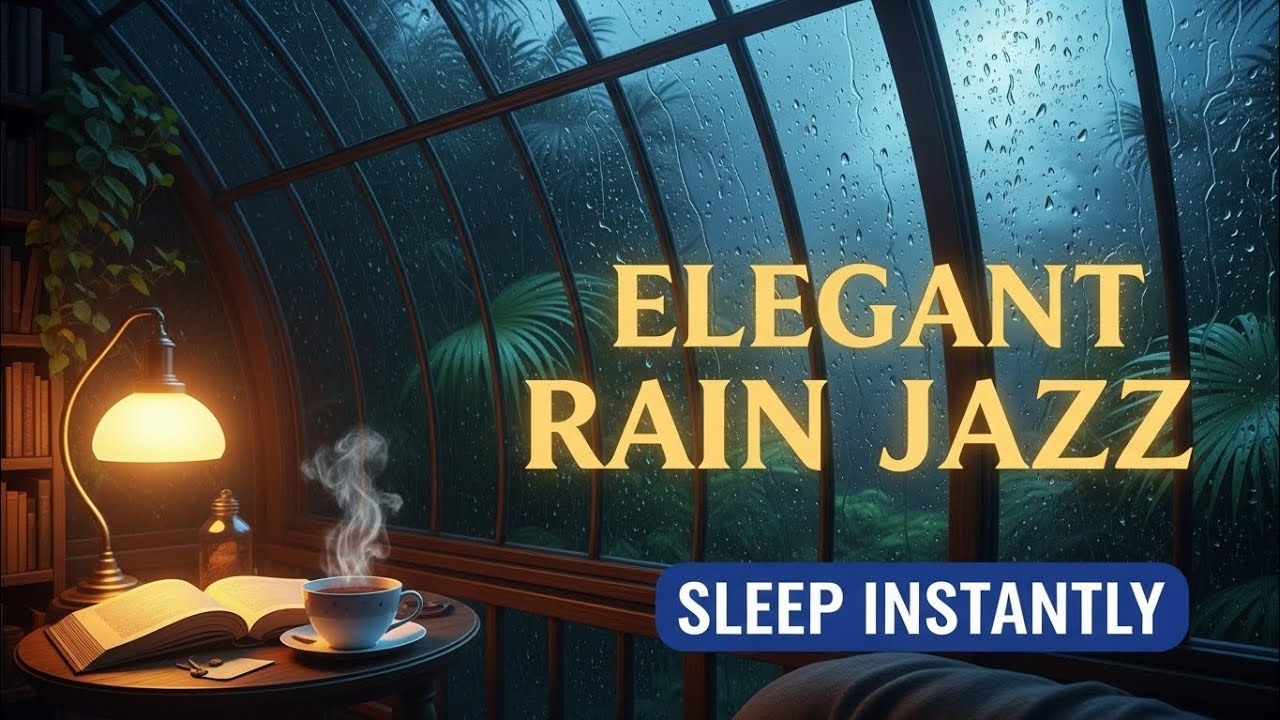 Heavy Rain on Window & Relaxing Jazz Piano 🌿 Cozy Botanical Library Ambience for Sleep