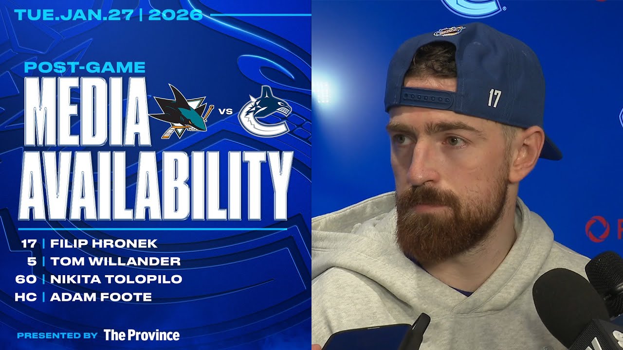 Hronek, Willander, Tolopilo & Adam Foote Post-Game Media | Canucks vs. Sharks (Jan 27, 2026)