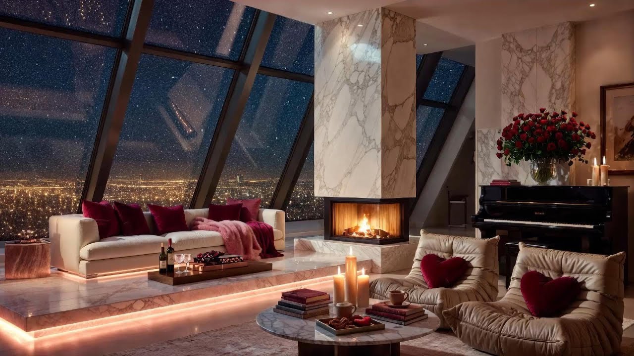 Romantic Valentine&rsquo;s Night in the City 🌹 Luxury Penthouse Ambience, Smooth Jazz & Fireplace