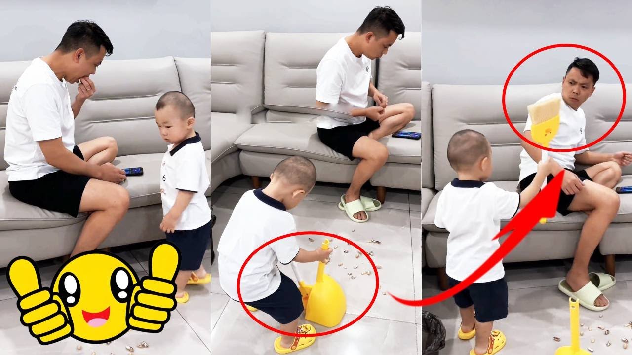 Dad eats sunflower seeds while on phone, spits everywhere. Son's reaction is satisfying!#funny