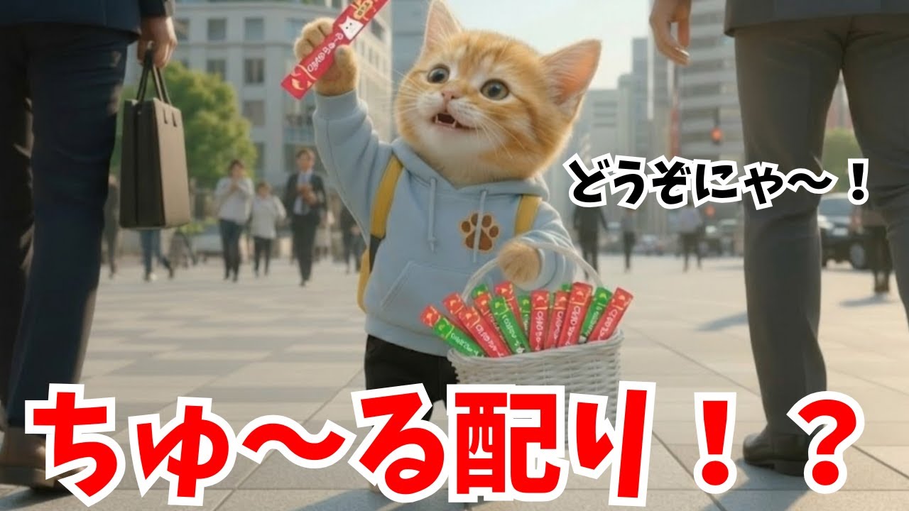 【チョロのお仕事】どうぞにゃ！ちゅ～る配り！？ティッシュ配りのチョロ！【ドジ猫のチョロ】