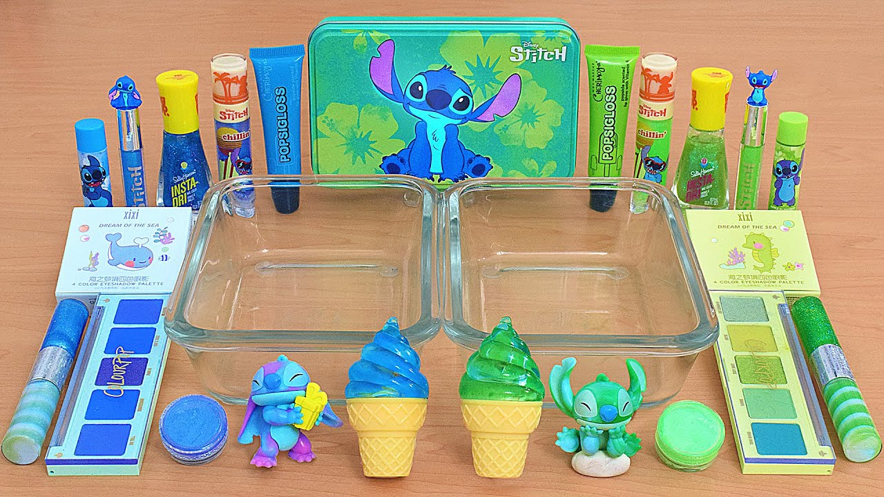 Blue vs Green - Stitch vs Richter - Mixing Makeup Eyeshadow Into Slime ASMR