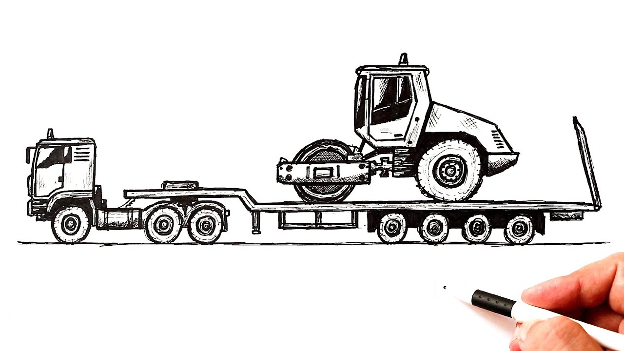 How to draw a Truck carrying Road roller