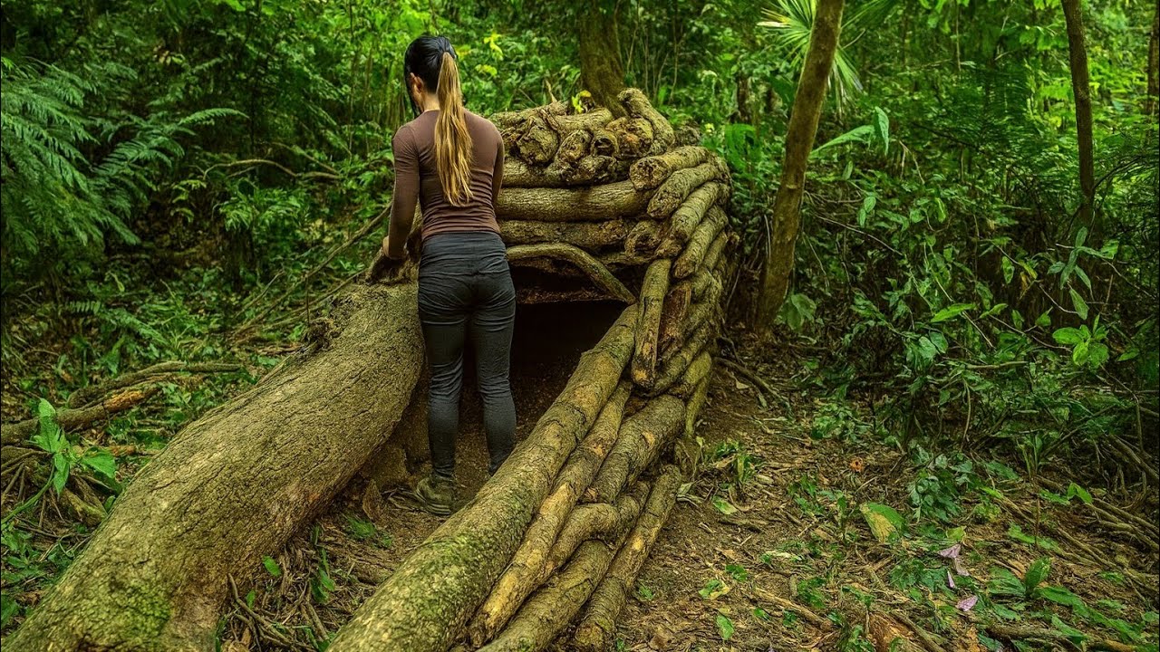 Build a shelter from fallen, rotten tree stumps - survive alone