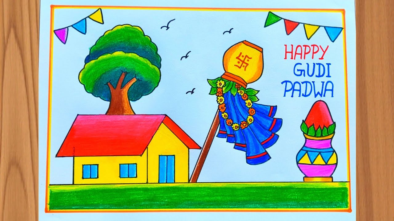 Gudi Padwa Drawing / Gudi Padwa Drawing Easy / Gudi Padwa Festival Drawing/Happy Gudi Padwa Drawing 