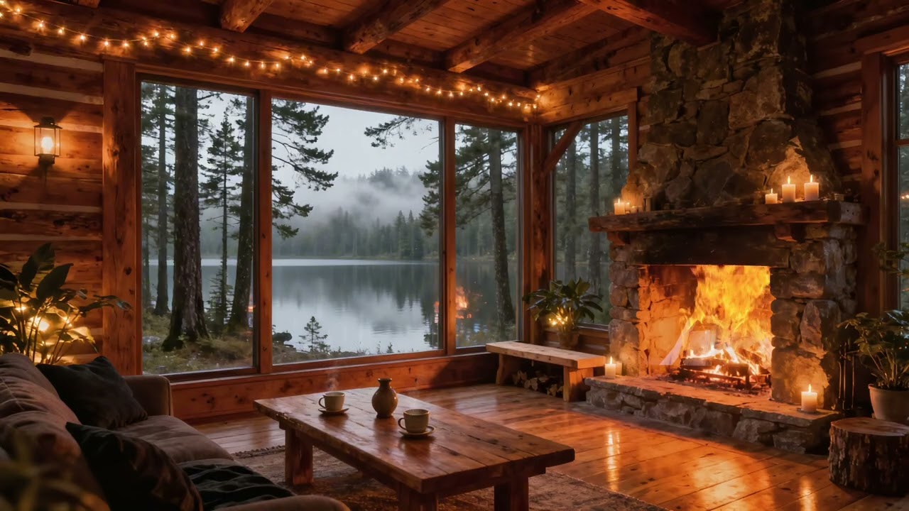 Cozy Rustic Cabin by the Lake 🌲🔥 Rain & Fireplace Ambience