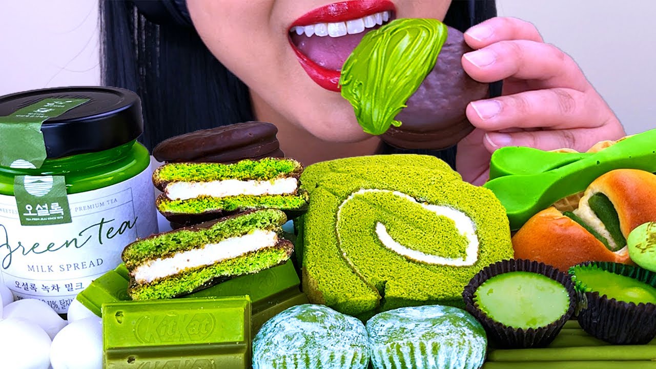 ASMR GREEN TEA ICE CREAM, CAKE, CANDY, SPOON, MOCHI, MARSHMALLOW, CHOCOLATE | ASMR Phan