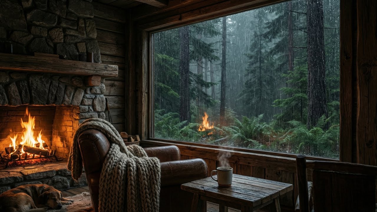 Cozy Cabin Sleep with Fireplace | Heavy Rainstorm Night Sounds for Relaxing Sleep