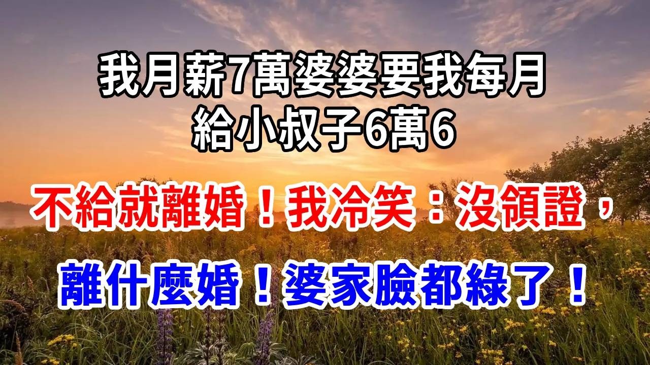 我月薪7萬，婆婆要我每月給小叔子6萬6，不給就離婚！我冷笑：沒領證，離什麼婚！婆家臉都綠了！