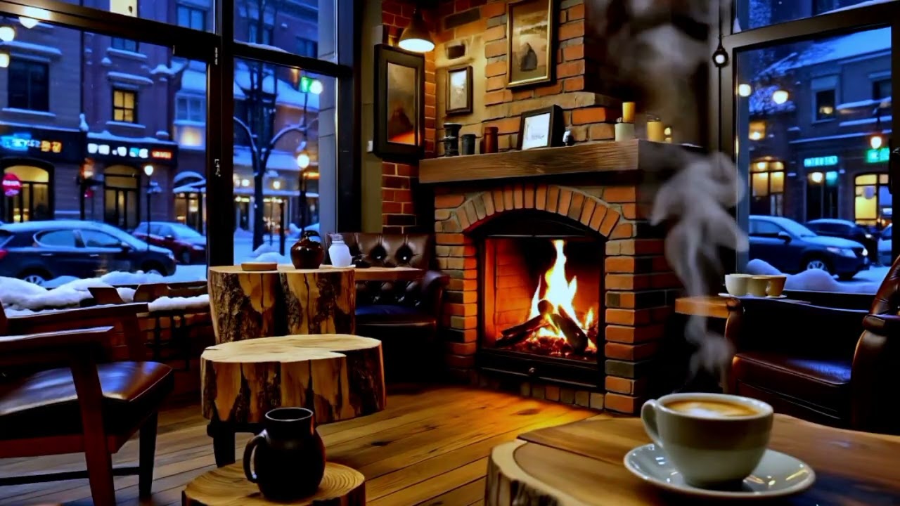Peaceful Winter Café Ambience ❄️ Soft Jazz Piano & Fireplace Sounds for Work & Relax