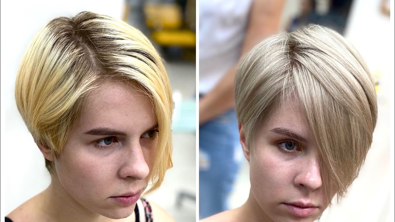 Обесцвечивание коротких, желтых волос. Оттенок платиновый светлый блондин с глубоким корнем