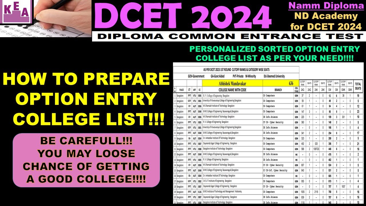 How to Prepare OPTION ENTRY College List DCET 2024 |1st ROUND COUNSELING |Personalized College List