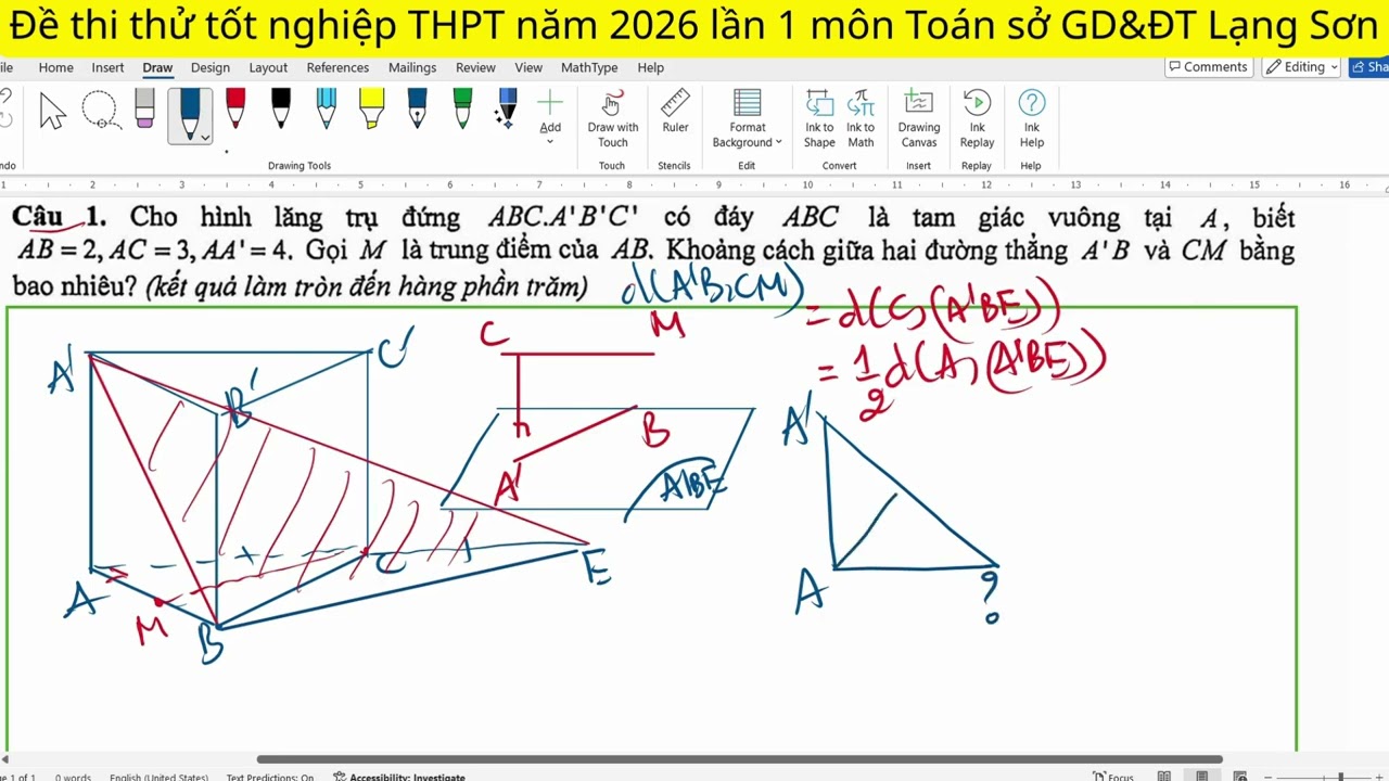 Khoảng cách giữa hai đường thẳng A'B và CM.Cho hình lăng trụ đứng ABC.A'B'C' có đáy ABC là tam giác