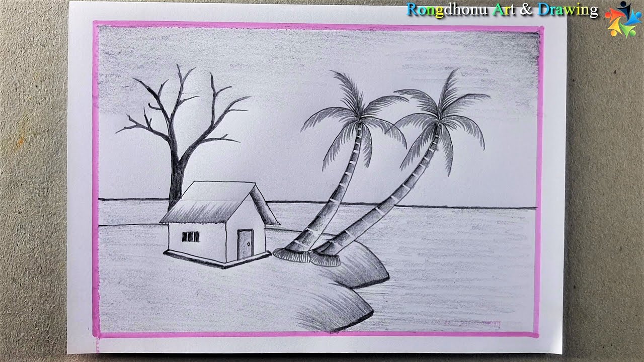 Village River Scenery Drawing💚 Pencil Sketch💛 Nodir Drisso Art