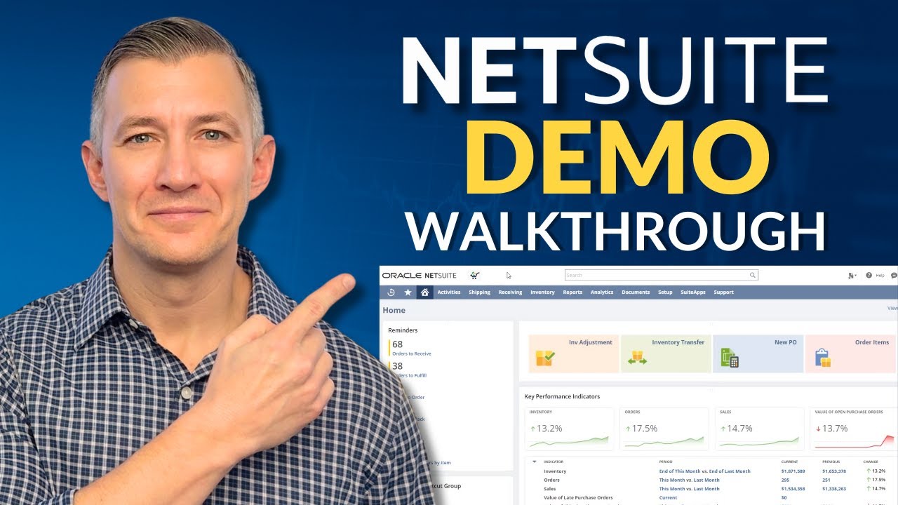Демонстрация NetSuite: панели мониторинга, финансы, инвентаризация и заказы.