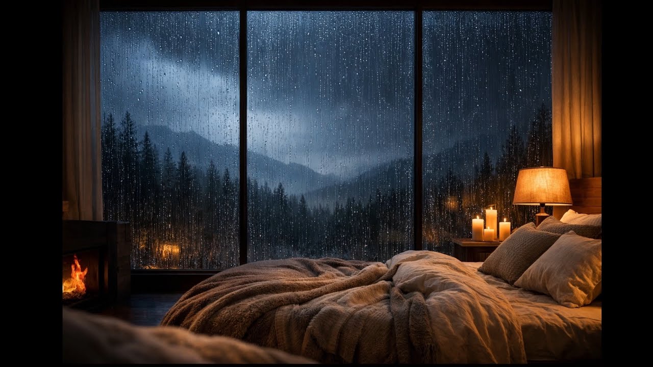 Rainy Night Bedroom 🌧️ Cozy Fireplace & Rain Sounds | 3 Hours to Study & Relax