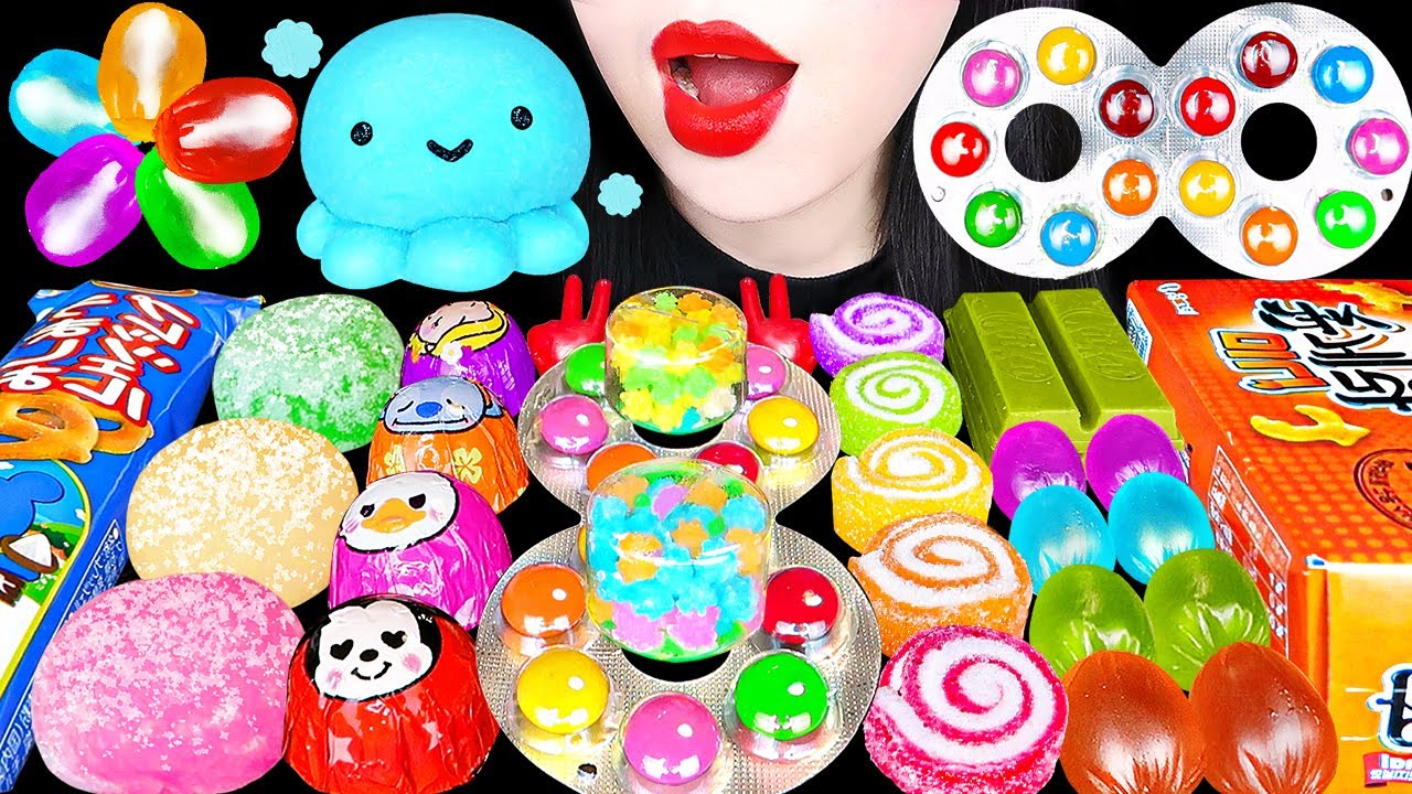ASMR RAINBOW DESSERTS 다양한 무지개디저트 DISNEY OCTOPUS CORORO JELLY MOCHI CHOCOLATE EATING SOUNDS MUKBANG먹방