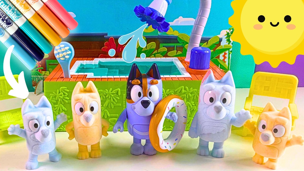 Игрушки Bluey! Фигурки семьи Блюи и Бинго: раскрашиваем и смываем цвета в бассейне