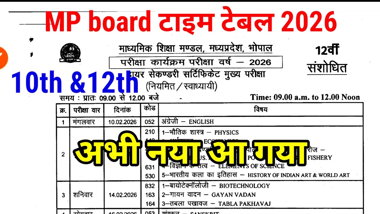 MP Board Exam 2026: Time Table में हुआ बड़ा बदलाव! 🚨 | Class 10 & 12 Final Dates Check Now