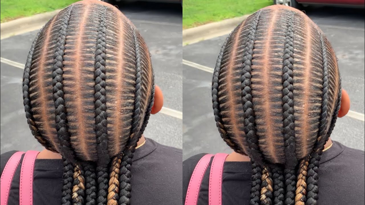 6 Stitch braids waist length | Straight back braids w/pop of color