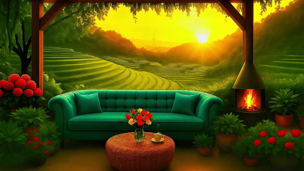 Cozy Sunrise Gazebo with Green Sofa & Fireplace  2 Hours Relaxing Piano & Birds Sounds in Rice Terra