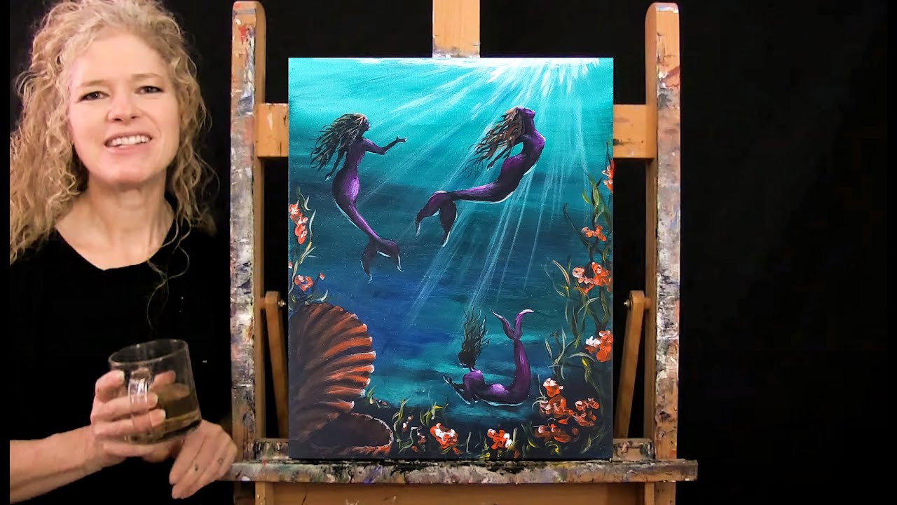 Learn How to Paint MOONLIT MERMAIDS with Acrylic - Paint & Sip at Home - Step by Step Tutorial