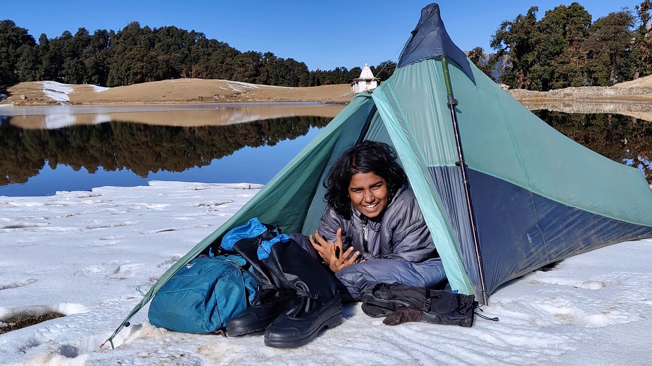 Camping in the snow next to the frozen Masar Tal during winter