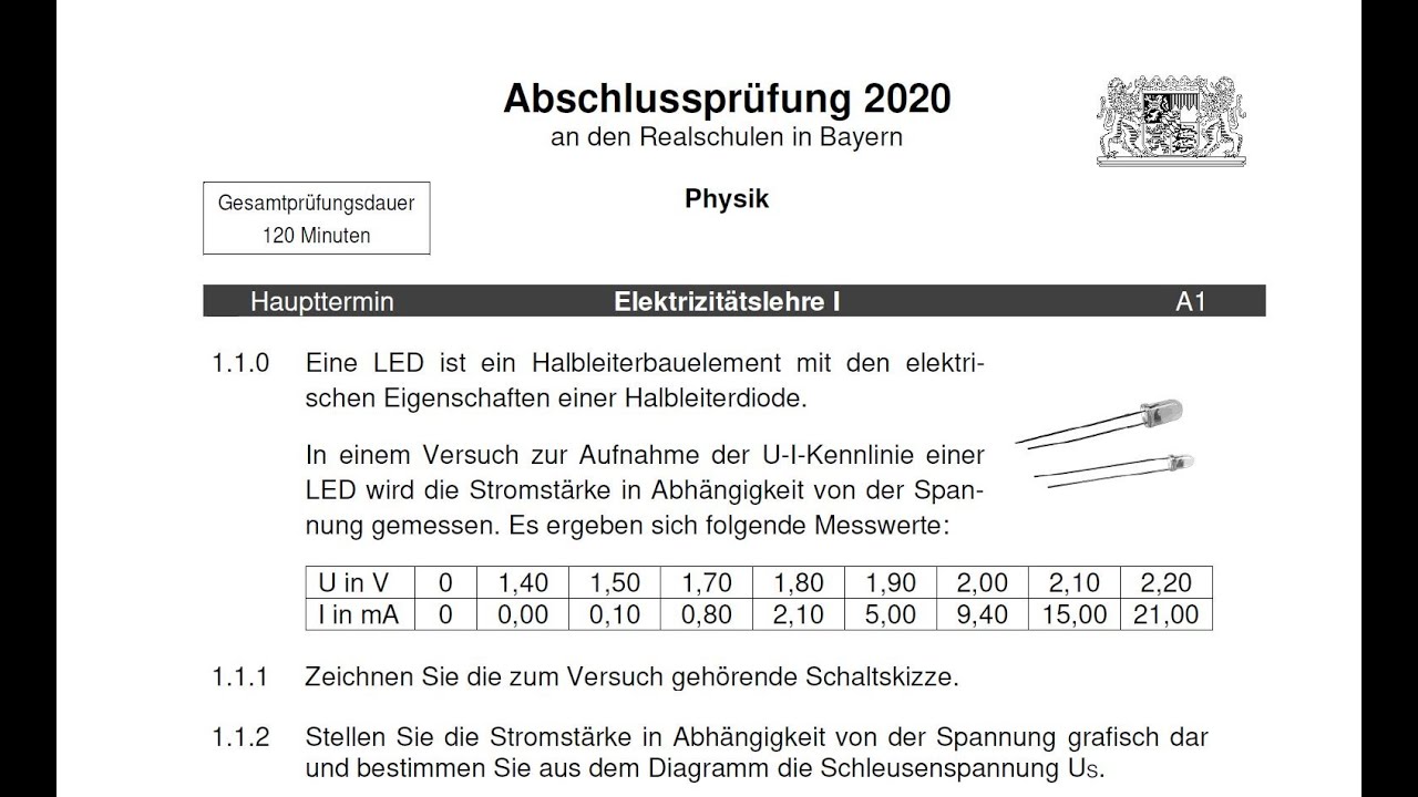Abschlussprüfung Realschule Bayern - Physik - 2020 A - E1