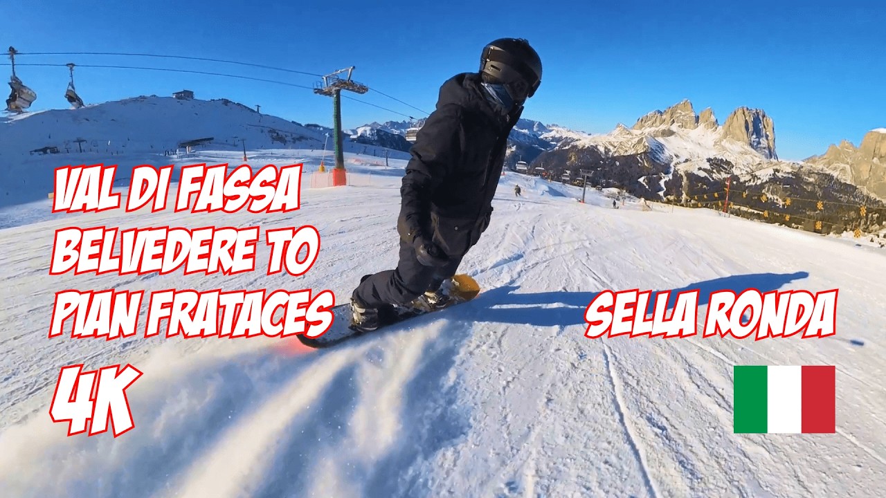 Snowboarding from Belvedere to Pian Frataces 4K | Sella Ronda (Orange)