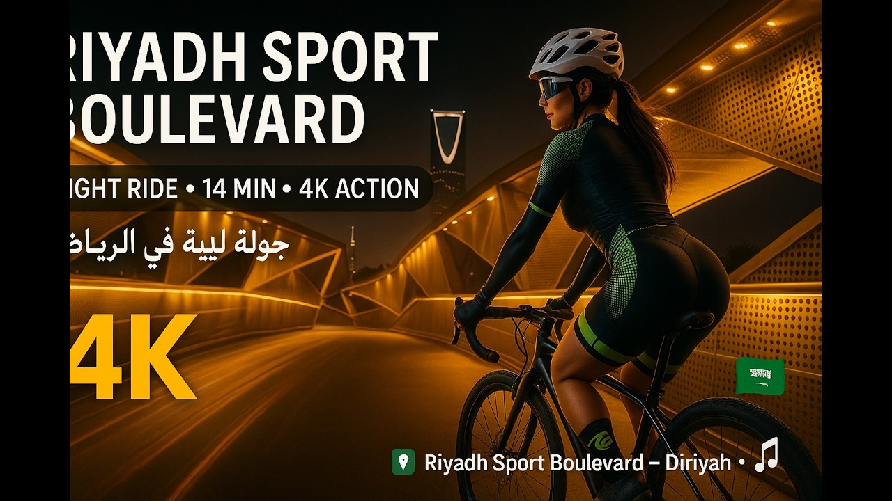 14-Minute 4K Night Ride – Riyadh Sport Boulevard to Al-Bujairi & Diriyah | 360° Virtual Cycling Tour