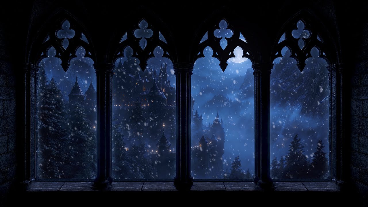 Moonlit Castle Window – Gentle Snowfall and Wind for Sleep & Mental Reset