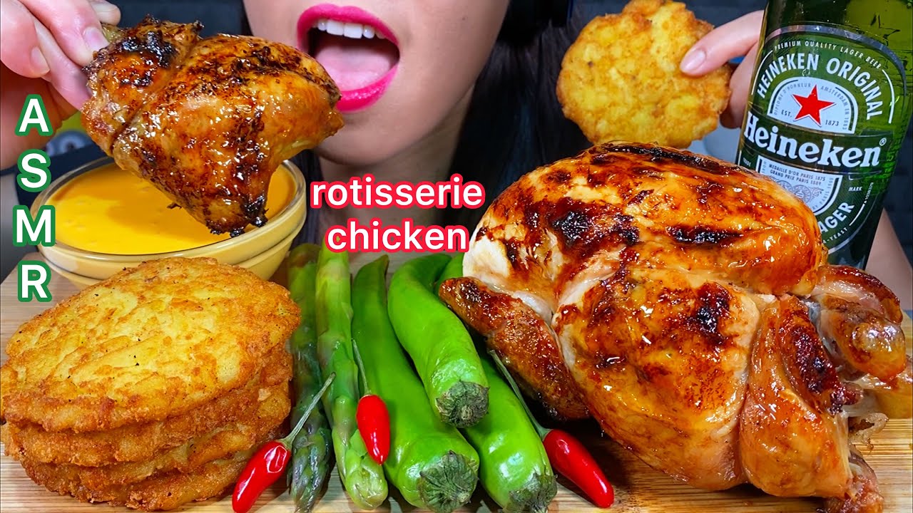 ASMR WHOLE ROTISSERIE CHICKEN HASH BROWN CHILI ASPARAGUS CHEESE SAUCE & BEER 먹방 Eating Sounds