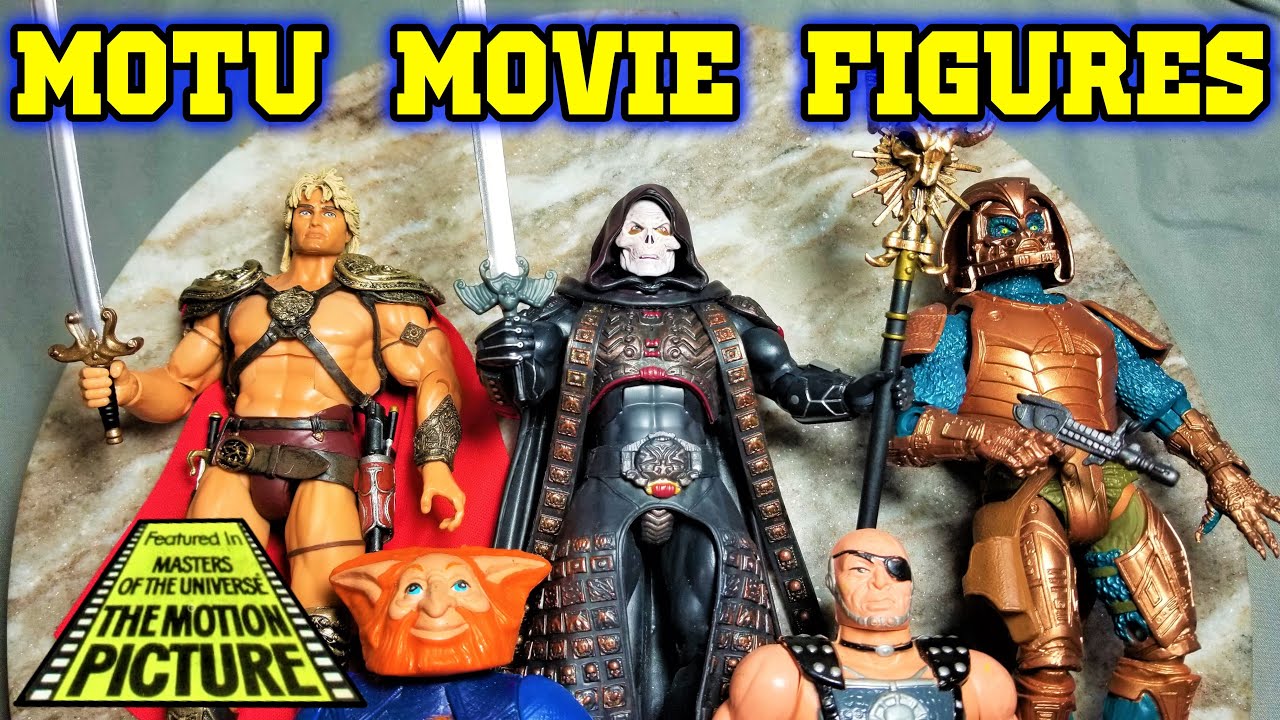 Toys based on the 1987 Masters of the Universe movie: He-Man, Skeletor, Gwildor, Blade and Saurod