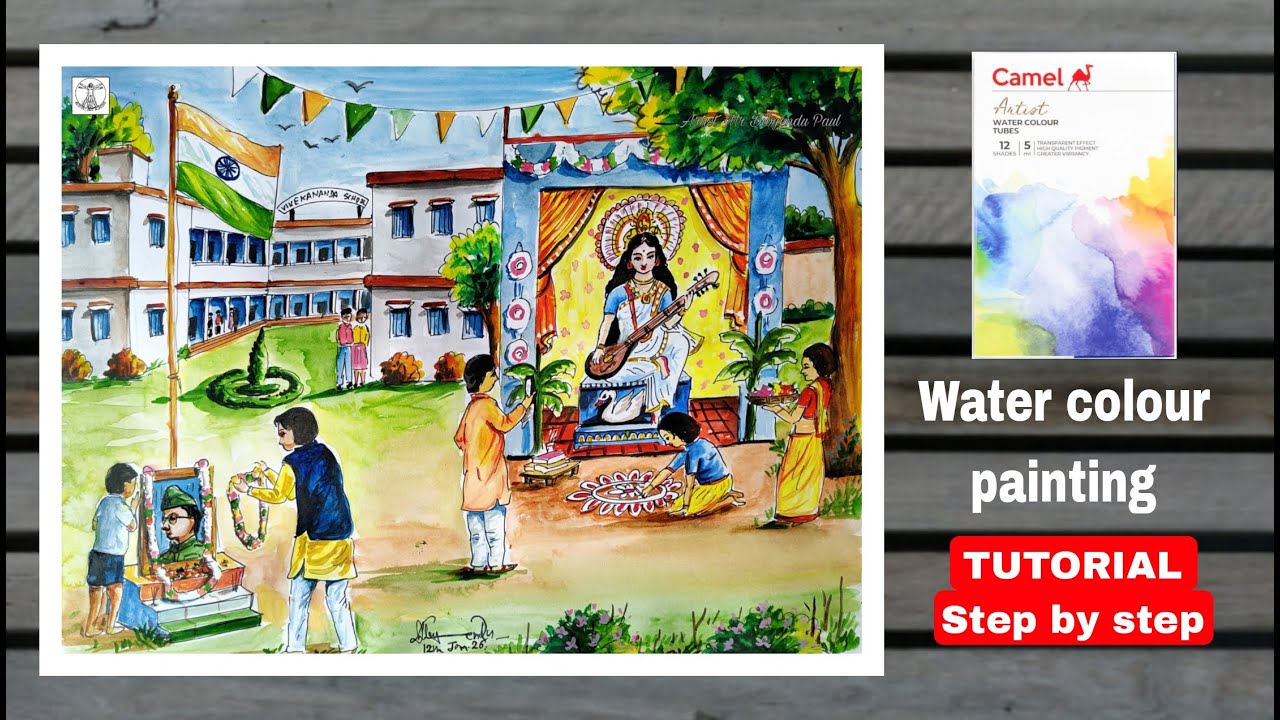 Saraswati Puja Drawing/ Netaji Birth Day Drawing/ Saraswati Puja Scenery / Vasant Panchami,tutorial