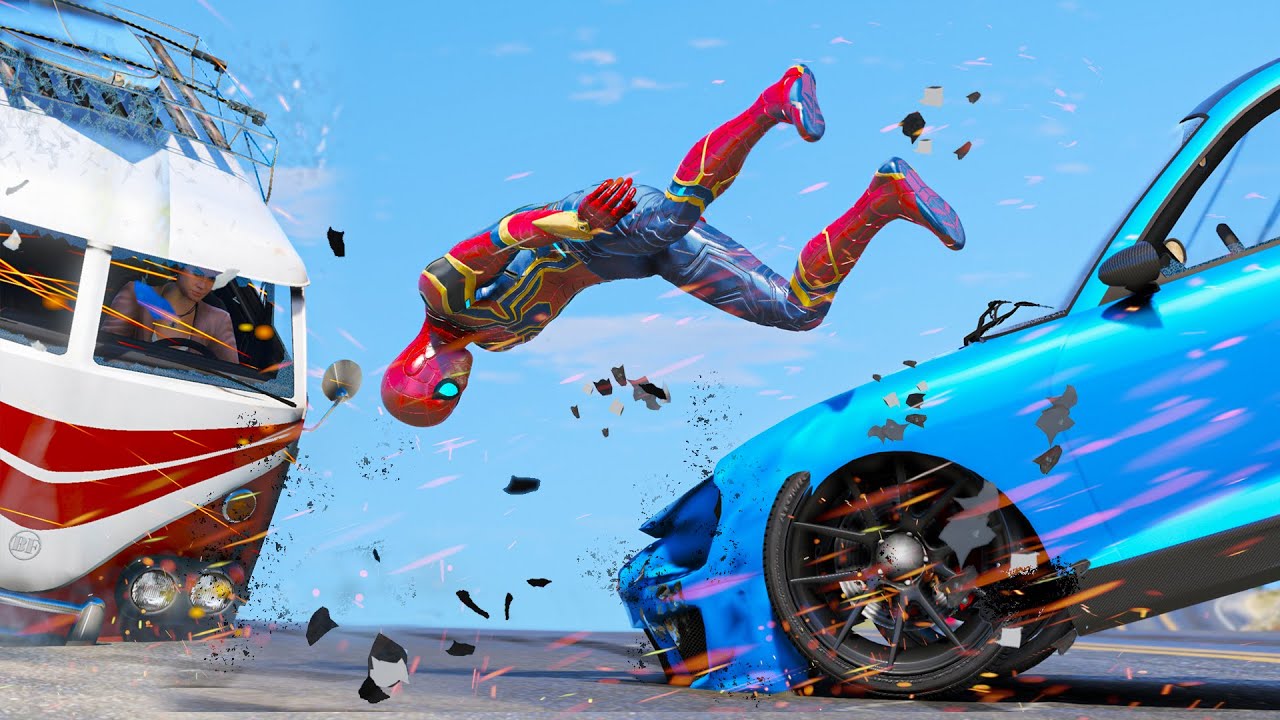 GTA 5 Iron Spiderman Car Crashes - Spider-Man mod Gmaeplay #12