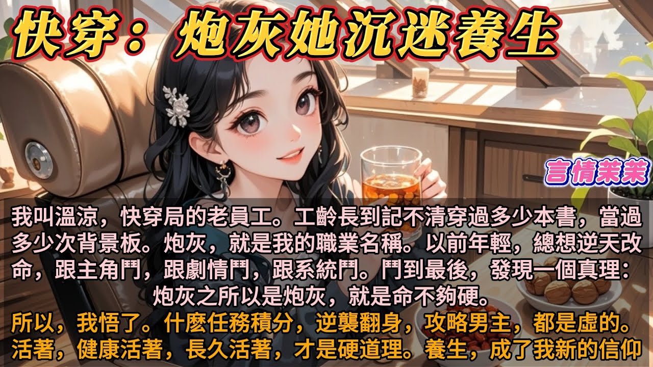 《快穿：炮灰她沉迷養生》我叫溫涼，快穿局老員工。記不清穿過多少本書。炮灰，就是我的職業名稱。以前年輕，總想逆天改命，跟主角鬥，跟劇情鬥，跟系統鬥。鬥到最後，發現一個真理：炮灰所以是炮灰，就是命不夠硬。