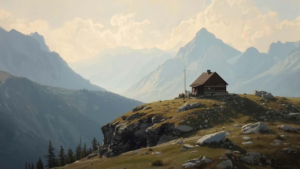 Log Cabin on Cliff Mountain Landscape Vintage Painting | Frame TV Art Display | 2-Hour Screensaver