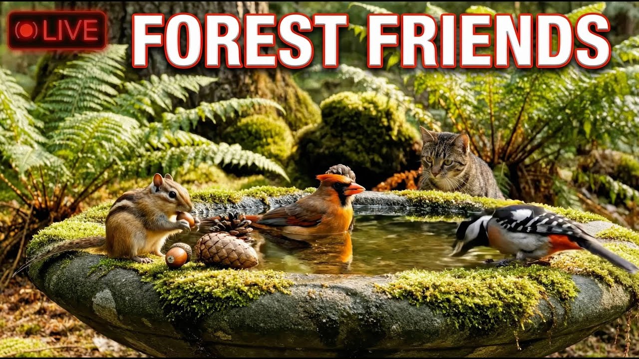 🔴 LIVE Cat TV: Forest Birdbath Party - Chipmunk & Red Cardinal - Nature ASMR