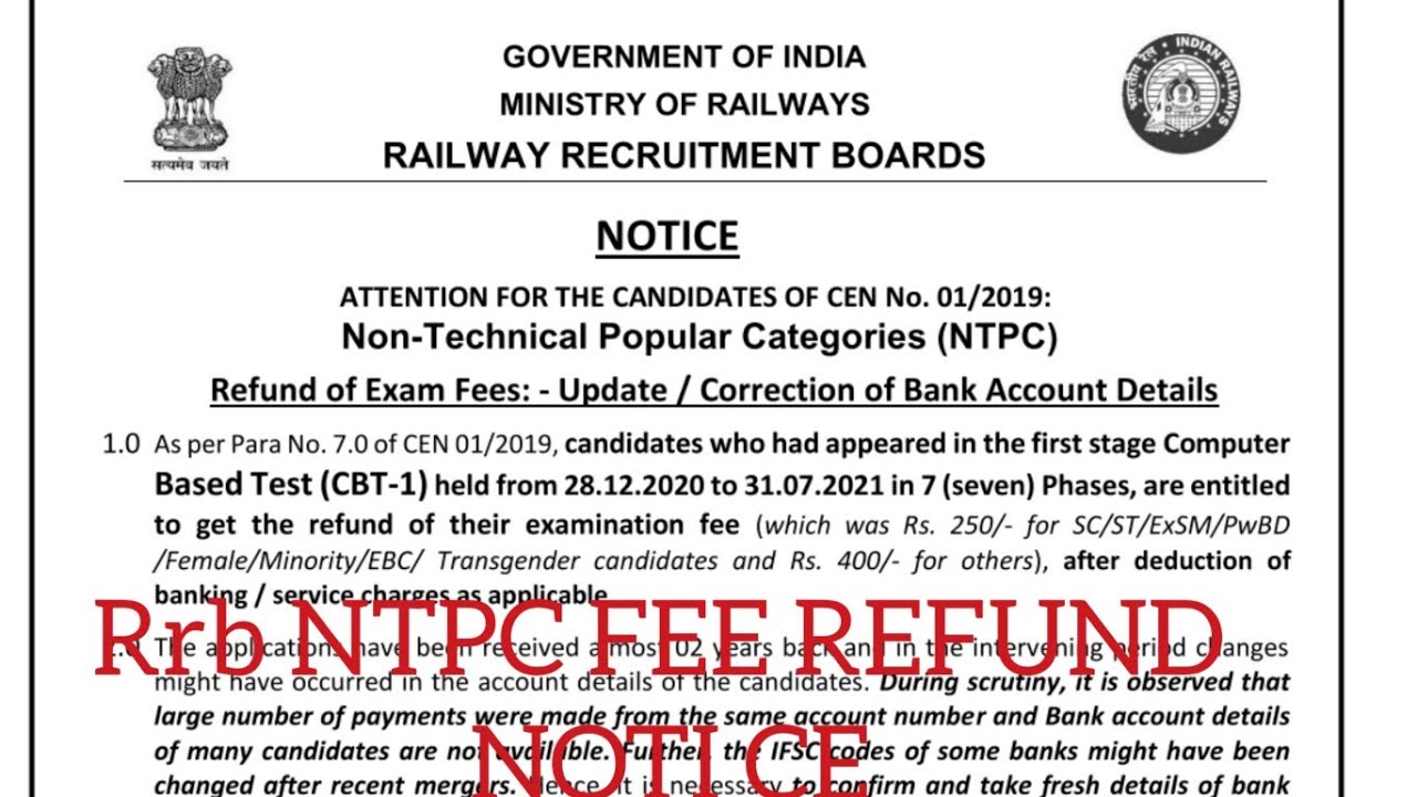 # RRB NTPC Fee Refund rrb ntpc notice| RRB NTPC FEES REFUND NOTICE