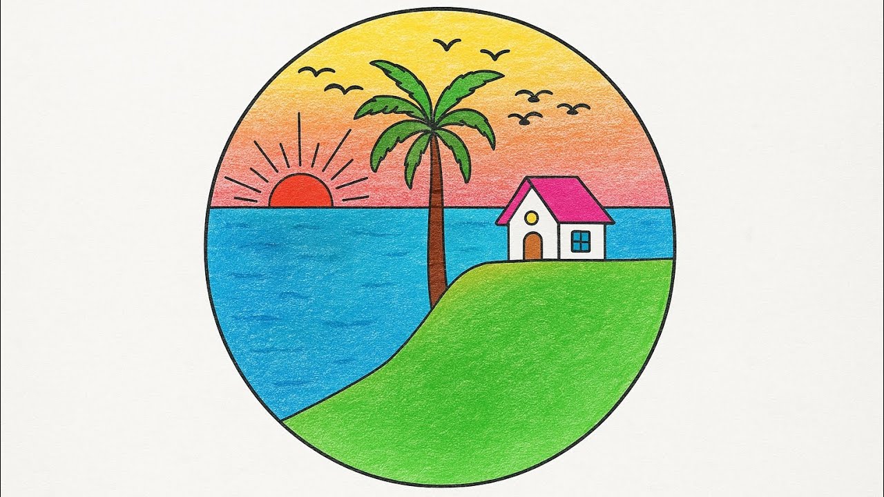 Scenery drawing step by step easy / beautiful circle scenery drawing / how to draw scenery in circle