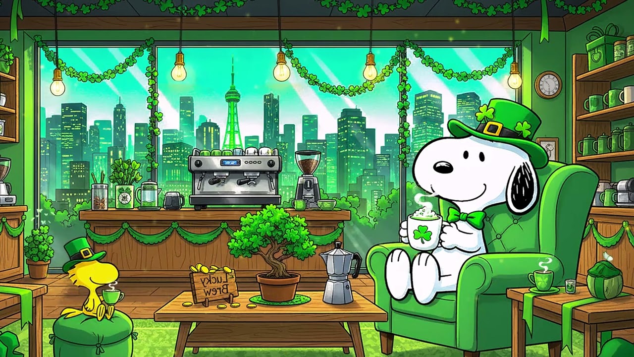 Saint Patrick’s Day Cozy Room Lofi 🍀 Snoopy’s Lucky Coffee Break | Relaxing Chill Beats & City View