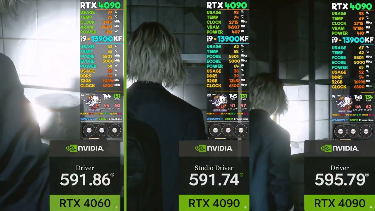 Driver 591.86 vs. Studio Driver 591.74 vs. Driver 595.79 RE 9 Requiem
