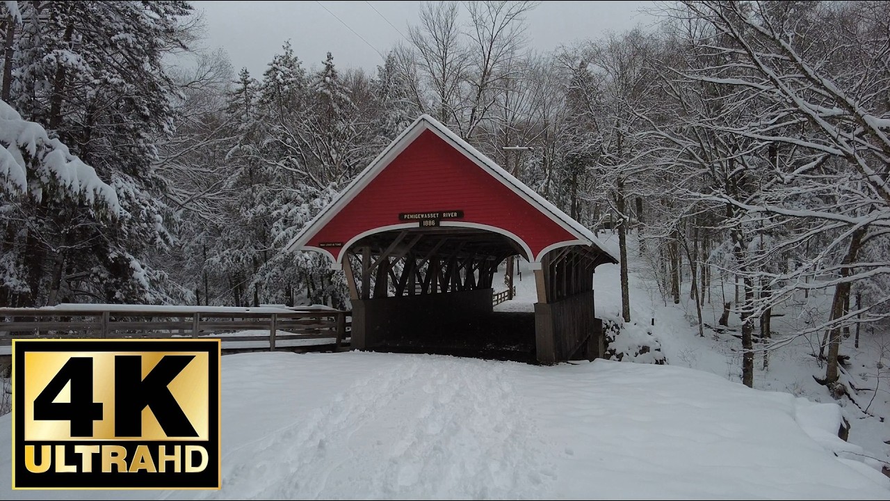 NH Flume Gorge Winter Walk. Covered Bridges, Waterfalls, and Falling Snow. Relaxing Video in 4k