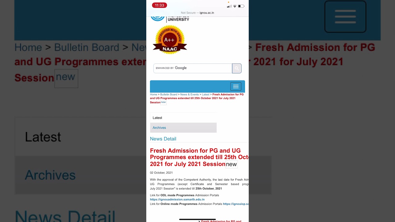 IGNOU Fresh Admission for PG and UG Programmes extended till 25th October 2021 for July